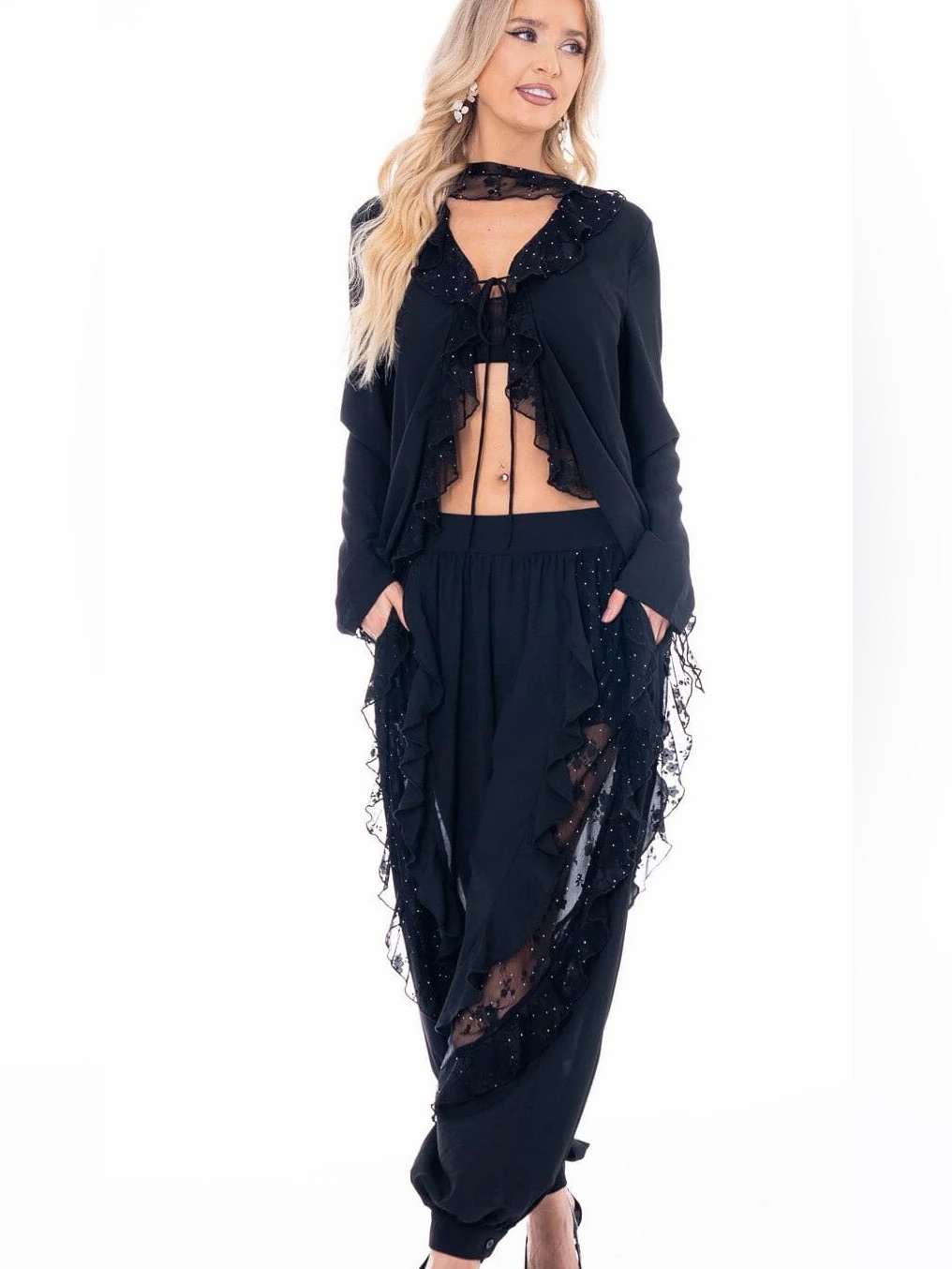 A474. Black Sheer Ruffle Bubble Pants & Cardigan Two-Piece Set